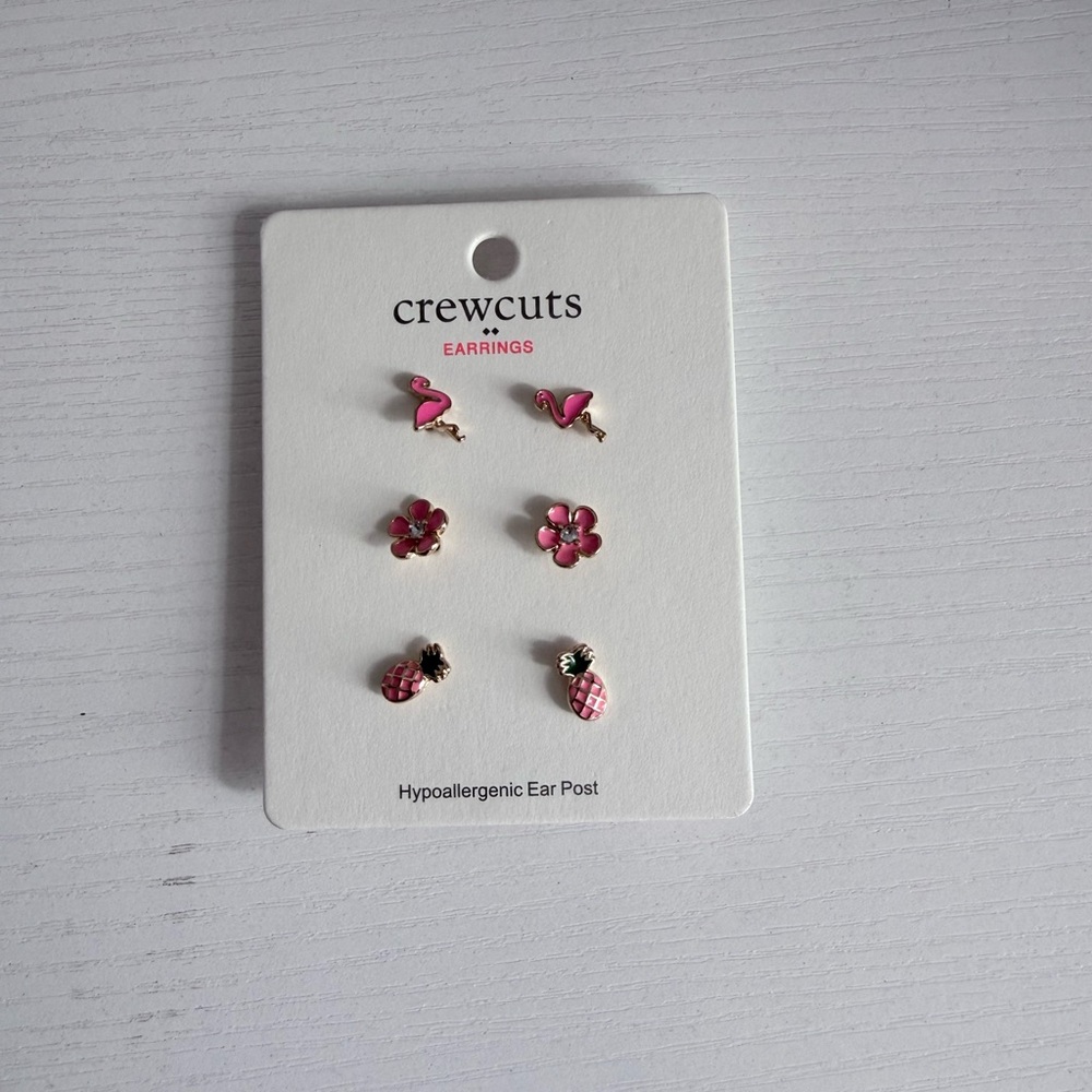 J. Crew Pink and Gold Kids Earring Set - Flamingo, Flower, Pineapple